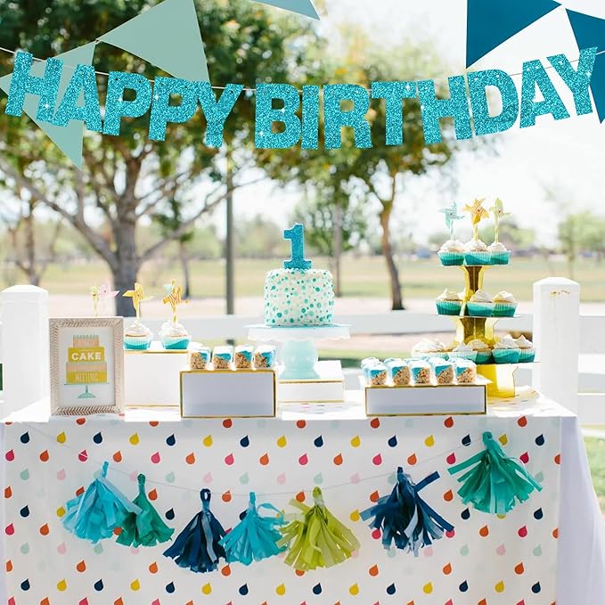 BEISHIDA 116 PCS A-Z Glitter Lake Blue DIY Letter Banner Kit Make Your Own Banner，Including 111 Letters and Numbers 3 Rope and 2 Threading Device,Customized for Birthday Graduation Wedding Party Decor