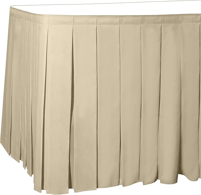 Ultimate Textile Pleat Polyester Fabric Table Skirt - Machine Washable Flame Resistant with Clips for Events, Weddings & Trade Shows, Cut & Sewn in Paterson, NJ - Tan, 7' Box Pleat