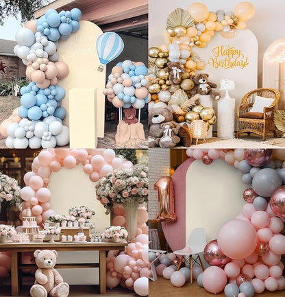 7.2FT Wedding Arch Backdrop Stand and Beige Arch Cover, Beige Spandex Fitted Backdrop Cover and Gold Wedding Arch Frame for Birthday Party Wedding Ceremony Bridal Baby Shower, Parties Decoration.