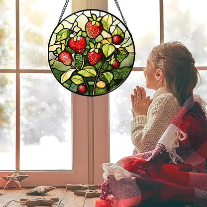 Stained Glass Window Hanging - Red Strawberry Suncatcher for Doors Window Home Green Plant Sun Catchers Decor Christmas Mother's Day Birthday Gifts for Teacher Women Men Mom Nana 15 in