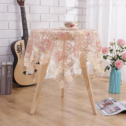 Round Embroidered Lace Tablecloth Vintage Decorative Exquisite Border Table Cover for Party Wedding Home Decorations, Round-35, Pink