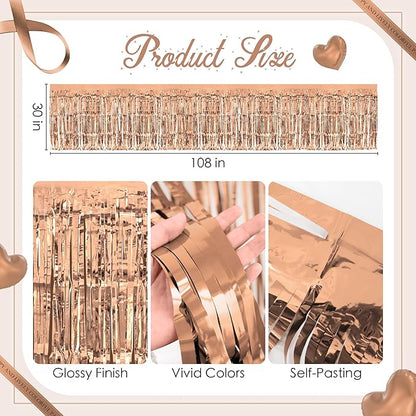 2 Pack Rose Gold Table Skirts, 29x108" Metallic Foil Tinsel Fringe Table Skirts for Rectangle Tables Streamer Curtains Backdrop, Party Decorations for Birthdays Weddings Holidays