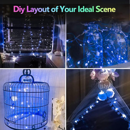 2 Pack Each 33Ft 100LED Battery Operated Fairy Lights with Remote, Waterproof Battery Christmas Twinkle Light with Timer, String Lights for Bedroom Christmas Decorations (Blue)