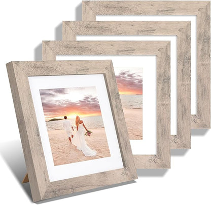 8x8 Picture Frames Set of 4 with High Definition Real Glass, Smoke Gray Frame Display 6x6 Pictures with Mat or 8 x 8 Without Mat, Wood Square Photo Frame for Wall Mount and Tabletop Display