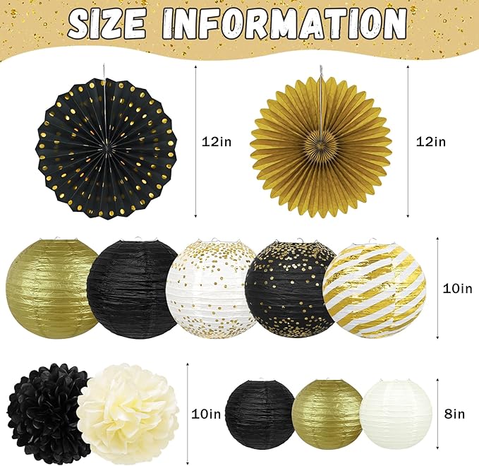 14Pcs Black and Gold Party Decorations, Hanging Paper Lanterns Fans Tissue Flower Pom Poms for Men Birthday Graduation Retirement New Years Decorations New Years Eve Party Supplies 2026