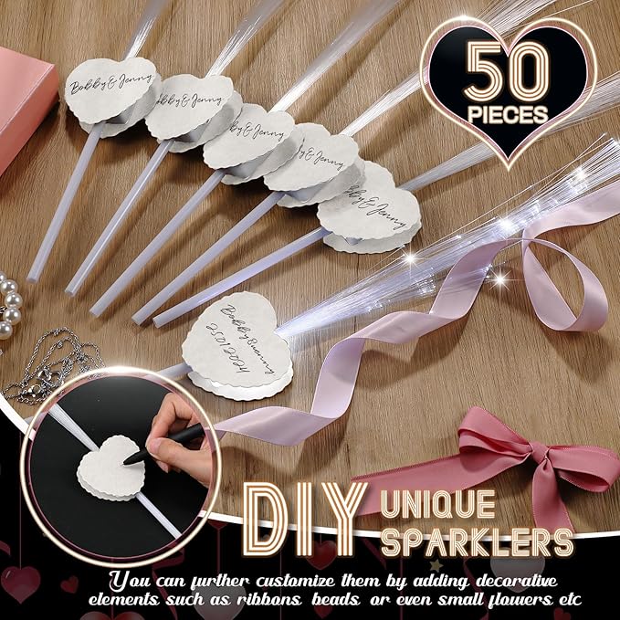 50 Pcs Wedding Sparklers Heart Shaped LED Glow Sticks Fiber Optic Wands Light up Wand with 3 Light Mode for Wedding Bridal Shower Birthday Glow in The Dark Party Supplies (White)