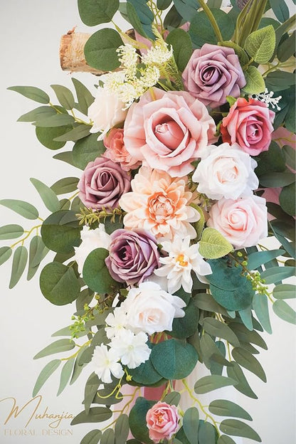 Artificial Wedding Arch Flowers Kit(Pack of 4),2Pcs Artificial Flower Arch Decor, 2Pcs Chiffon Fabric Drapes, Ceremony Decoration, Floral Outdoor Party Decor (Dusty Rose & Champagne)