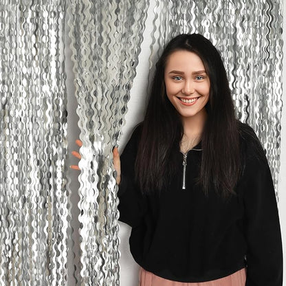 4 Pack 3.3x6.6ft Silver Foil Fringe Backdrop - Wavy Metallic Tinsel Foil Curtains Photo Booth Backdrop for Birthday Wedding Holiday | Silver Streamers Celebration Bachelorette Party Decorations