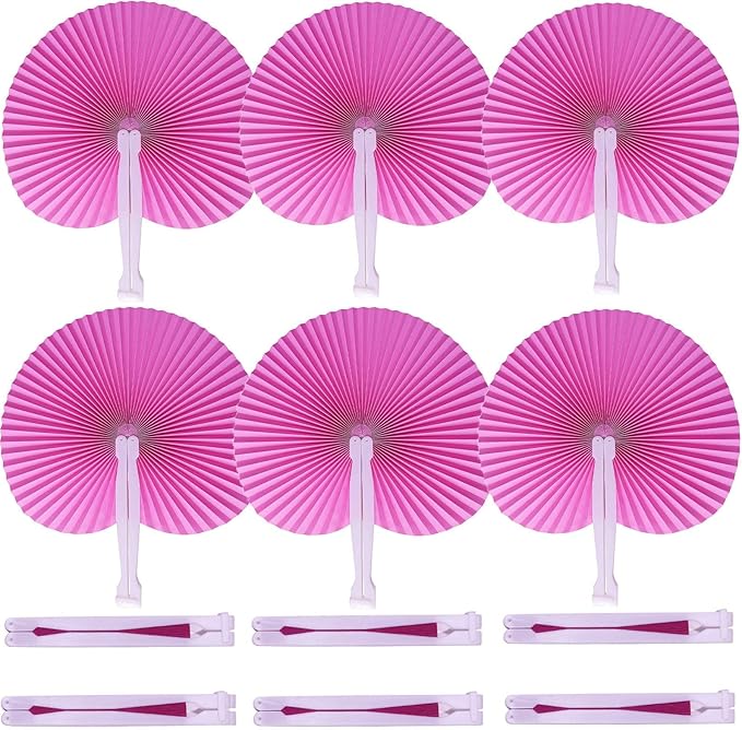 12 Packs Decorative Paper Folding Hand Fans Handheld,Pink Round Foldable Wedding Fans Chinese and Japanese Fans Bulk for Bridal Guest Church Party Favors Dancing Birthday DIY
