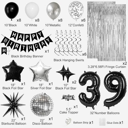 39th Birthday Decorations for Men Women, Black Silver Happy Birthday Party Decorations， 39 Year Old Party Supplies with Number 39 Balloons, Banner, Fringe Curtains Kit