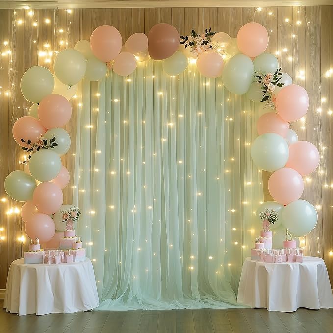 Tulle Backdrop Curtain with Lights String 10FT X 10FT Sage Green Sheer Tulle Backdrop Curtains for Wedding Birthday Party Reception Photo Booth Background Decorations (2 Panels 5x10FT)