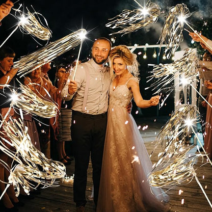 100 pcs Wedding Wands Light up with LED Tinsel Wedding Streamers for Wedding Send off and Greeting Ideal Props for Weddings, Birthday Parties, Christmas Cheerleading Games (Champagne)