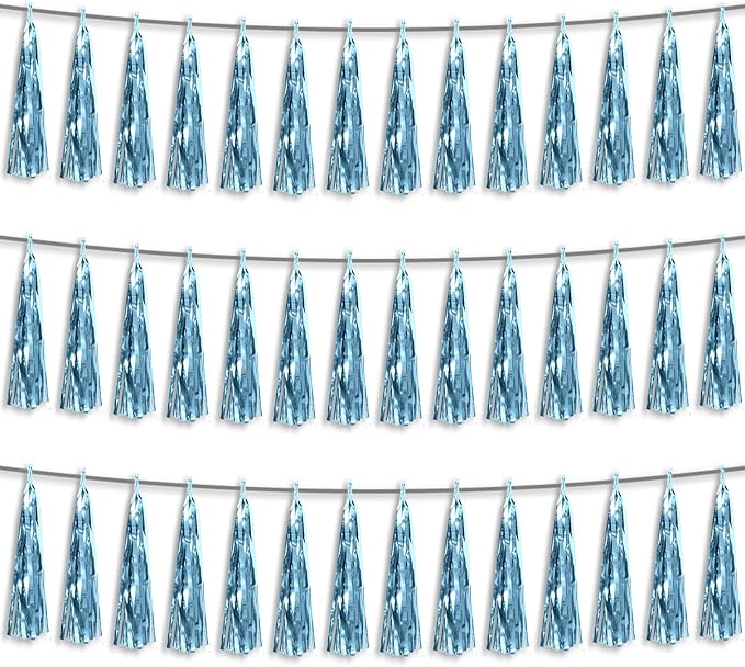 3P Light Blue Foil Fringe Metallic Tassel Streamers Banner Tassel Garland for Parade Floats, Bachelorette, Wedding, Birthday, Halloween, Christmas, Bridal/Baby Shower Party Decorations