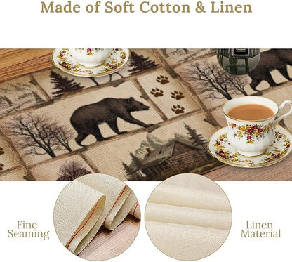 Rustic Cabin Table Runner, Retro Moose Cone Deer Bear Farmhouse Lodge Table Runner for Dinner Living Room Kitchen Vintage Country Cottage 13x70 Inch