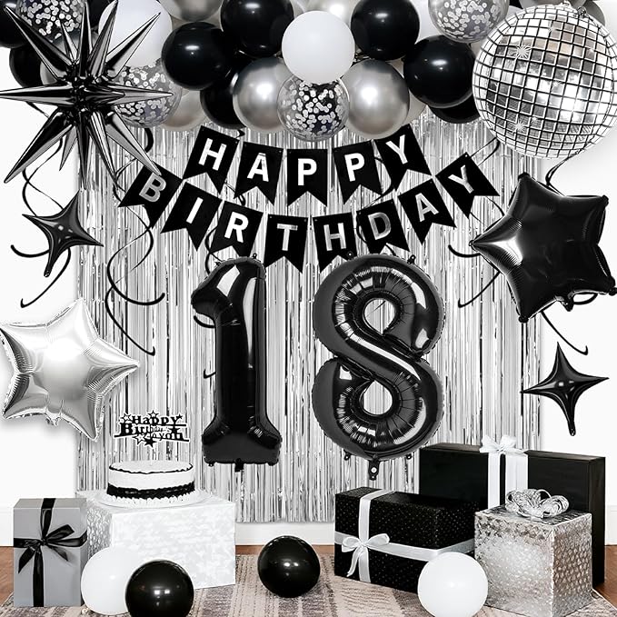 18th Birthday Decorations for Boys Girls, Black Silver Happy Birthday Party Decorations， 18 Year Old Party Supplies with Number 18 Balloons, Banner, Fringe Curtains Kit