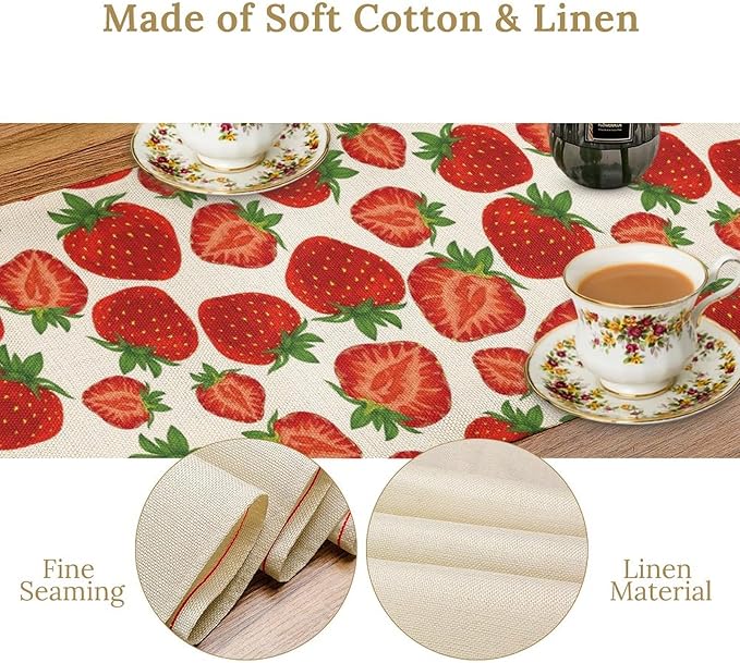 Strawberry Table Runner,Spring Summer Fruit Print Table Runner for Kitchen Dining Table Home Party Decoration 13x72 Inch