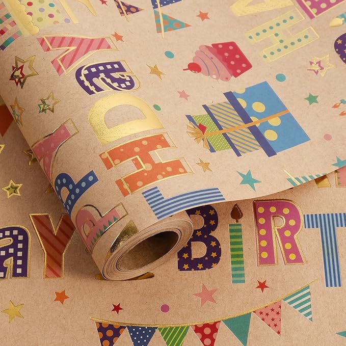Aimyoo Colorful Birthday Wrapping Paper Roll - 17 Inch X 16.4 Feet - Gold Foil Happy Birthday Lettering, Cupcake & Flags Design Gift Wrap for Kids, Baby Showers