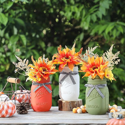 Thanksgiving Fall Mason Jar Centerpiece for Table with Artificial Flowers, Set of 3 Mason Jars Farmhouse Decor Decorative Jars for Thanksgiving Home Decor, Thanksgiving Dinner Table Centerpiece