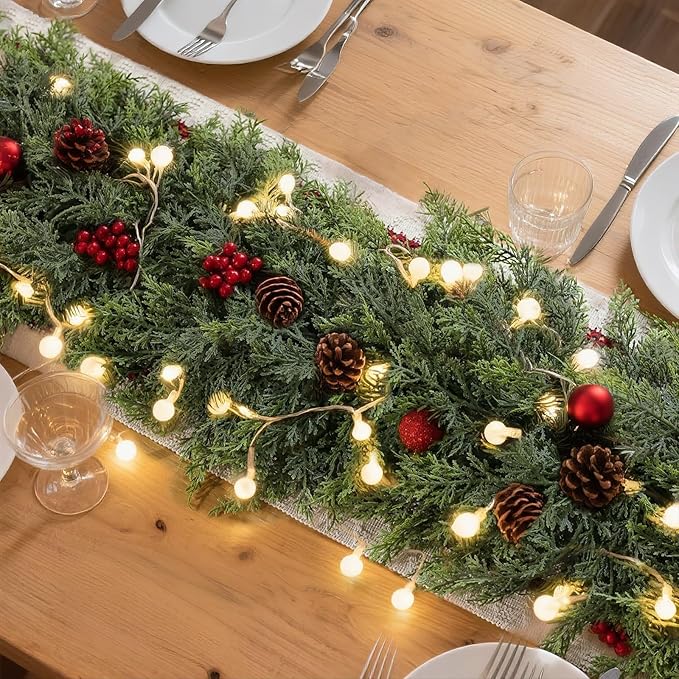 Christmas Cedar Garland - 6ft Artificial Cedar Garland Faux Lush Green Fake Pine Needles for Fireplace,Table,Window,Stairs,Mante,Holiday Indoor Outdoor Xmas Decor(2PCS)