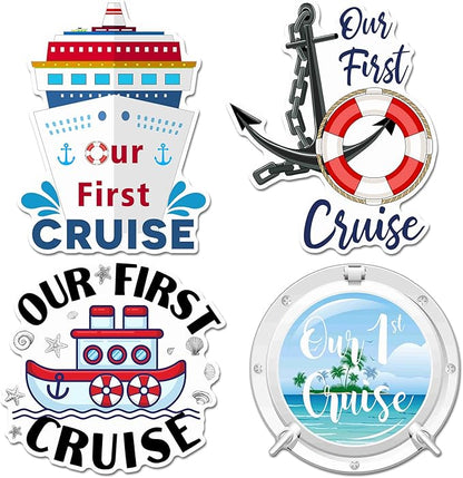 Hoteam 4 Pcs Our First Cruise Door Decorations Magnetic Large First Cruise Ship Door Magnets Funny Waterproof Nautical Magnets for Carnival Cabin Stateroom Fridge Car