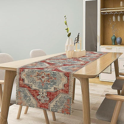 Boho Floral Vintage Table Runner, Retro Blue Red Flower Rustic Country Farmhouse Abstract Pattern for Home Kitchen Table Decor Dining Coffee Room Party Decor 13x72in