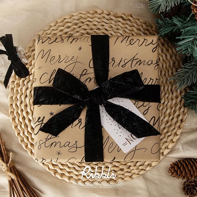 Ribbli Black Velvet Ribbon 3/8 Inches Luxury Crinkled Black Christmas Ribbon for Gift Wrapping Crafts Home Decor-Continuous 10 Yard