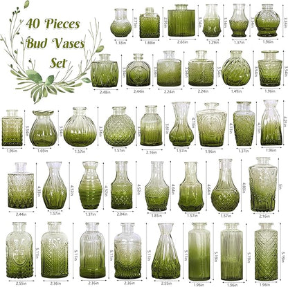 Set of 40 Glass Bud Vases, Small Green Glass Vases in Bulk, Mini Vintage Embossed Flower Vase for Wedding, Centerpieces, Birthday Party, Baby Shower, Home Table Decorations (Green)