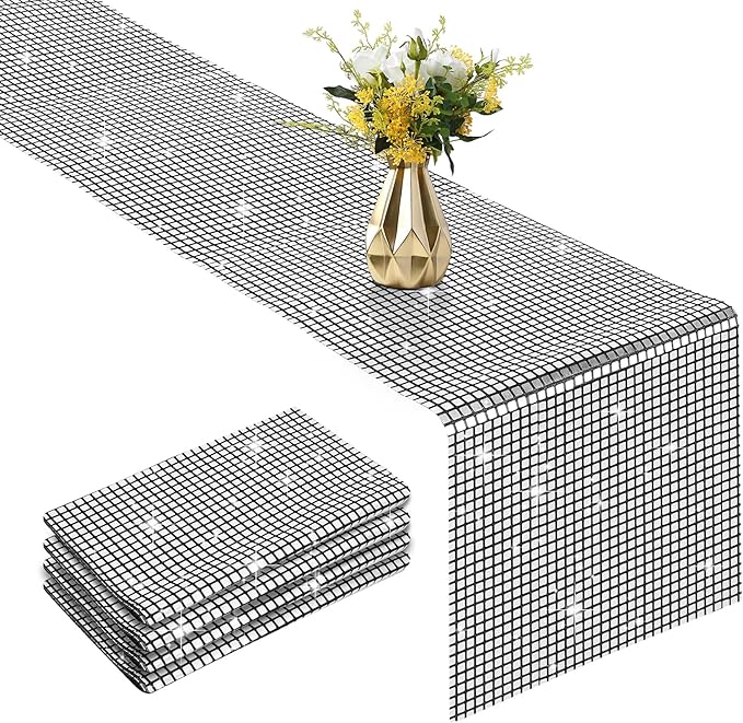 4 Packs Black and Silver Disco Table Runner, 12 x 108 Inches Mirror Glitter Sequin Table Runner Table Decor for 70s 80s Disco Party Birthday Party