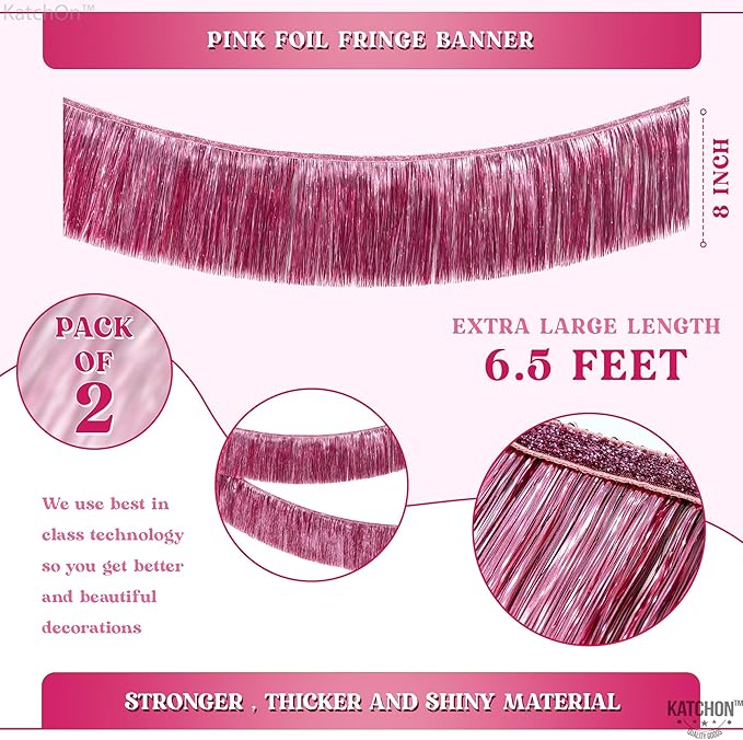 KatchOn, XtraLarge Pink Fringe Banner - 6.5 Ft,Pack of 2 | Fringe Garland for Birthday Party | Pink Streamers for Gender Reveal, Bachelorette Party Decorations | New Years Eve Decorations