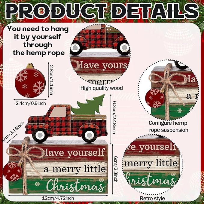 4 Pcs Christmas Table Decor Winter Table Decorations Christmas Tiered Tray Decor Decorative Truck Book Decorations Indoor Rustic Wooden Snowflake Block Sign Gift Farmhouse for Home Shelf