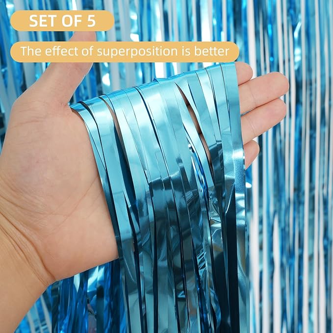 5 Pack Blue Fringe Backdrop 3.2ft x 8.2ft Teal Blue Foil Fringe Curtains Party Tinsel Curtain Backdrop Streamers for Birthday Party Decoration Wedding Christmas Decoration (Teal Blue)