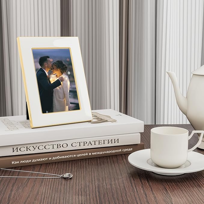 Fun Memories 4x6 Picture Frame - 1pcs White Enamel Glass Photo Frame with Gold Metal Edge & Easel for Display Picture Frame on Countertops, Tabletops, Bookshelves, Desks, Walls (White/Gold)