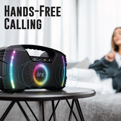 Powerful & Portable Waterproof All Terrain Bluetooth Speaker with Deep Bass, LED Party Lights, Fast USB-C Charging, FM Radio, AUX – QFX BT-ZX35