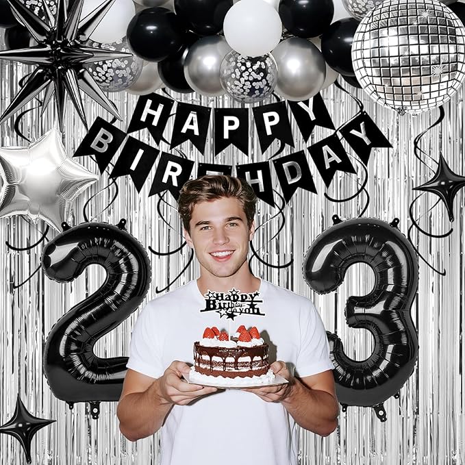 23rd Birthday Decorations for Men Women, Black Silver Happy Birthday Party Decorations， 23 Year Old Party Supplies with Number 23 Balloons, Banner, Fringe Curtains Kit