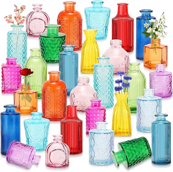 Yaomiao 30 Pcs Vases Bulk Colored Flower Glass Vases Bud Vintage Colored Glass Bottles Colorful Rustic Embossed for Home Wedding Table Decorations Gifts(Bright Color)