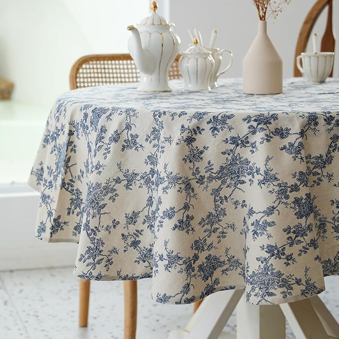 Pastoral Round Tablecloth - 48 Inch Dia. - Beige Linen Table Cloth - Washable Table Cover with Dust-Proof Wrinkle Resistant for Restaurant, Picnic, Indoor and Outdoor Dining, Floral (Dark Blue)