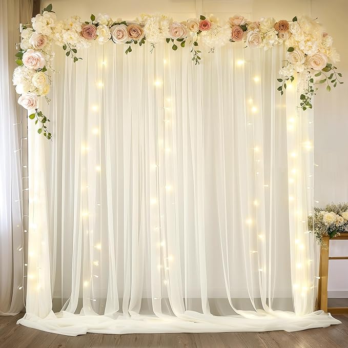 10ft x 10ft Ivory Backdrop Curtain Drapes, Wrinkle-Free Sheer Chiffon Fabric Photo Background Panels for Wedding Arch Party Ceremony Stage Photography Decorations
