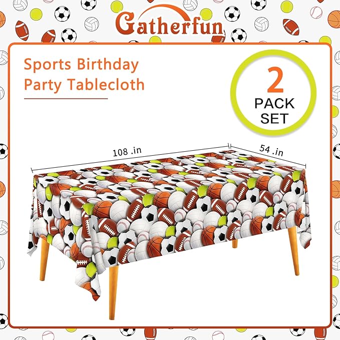 Gatherfun Sports-Themed Party Pack: 2-Pack Boys Birthday Decorations, Disposable Plastic Tablecloth for Sports Birthday Party Decorations，54 x 108 Inches