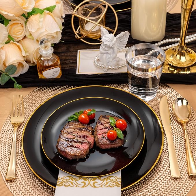 Supernal 350pcs Black & Gold Plastic Dinnerware Set, Elegant Black Plates with Golden Edges, Gold Plastic Silverware, Durable Tableware Perfect for Birthdays, Parties, Wedding, Celebration