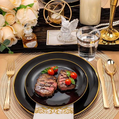 Supernal 350pcs Black & Gold Plastic Dinnerware Set, Elegant Black Plates with Golden Edges, Gold Plastic Silverware, Durable Tableware Perfect for Birthdays, Parties, Wedding, Celebration