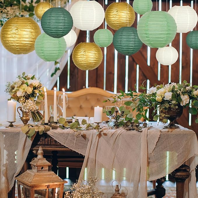 ADLKGG Sage Green Gold Paper Lanterns Decorative, Round Hanging Paper Lanterns for Graduation Wedding Bridal Shower Birthday Party Neutral Baby Shower Decorations, 21pcs