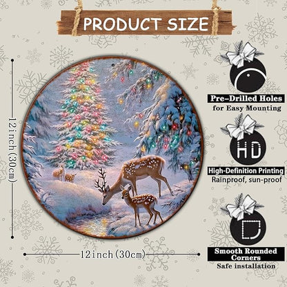 Christmas Tree Decor Round Metal Tin Sign Christmas Deer Vintage Tin Sign for Home Coffee Wall Decor for Christmas Family Wall Decoration 12 * 12 in