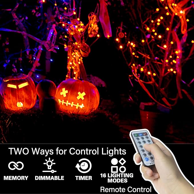 LAMPHOME 66ft Halloween Decorative Mini Lights, 200 LED Transparent Wire Fairy Starry String Lights Plug in, 12 Lighting Modes, for Halloween Decoration Outdoor Party Decoration (Orange and Purple)