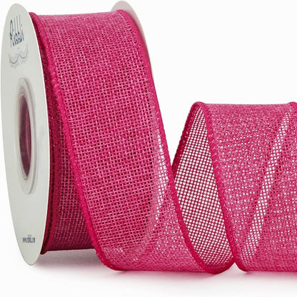 Ribbli Burlap Wired Ribbon,1-1/2 Inch x 10 Yard,Hot Pink,Solid Wired Edge Ribbon for Big Bow,Wreath,Tree Decoration,Outdoor Decoration