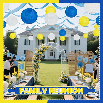 12Pcs Blue and Yellow Party Decorations Hanging Round Paper Lanterns Assorted Sizes (8" 10" 12") for Graduation Birthday Wedding Dinner Party Baby Shower BBQ Decor (Blue Yellow White)