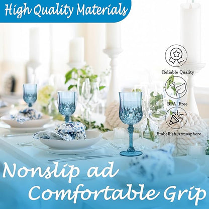 Plastic Wine Glasses，Plastic Goblets Vintage Style Cordial Drinking Glasses for Wedding Reception, Grand Event Party Supplies (48, Dusty Blue)