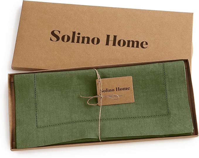 Solino Home Linen Olive Table Runner 90 Inches Long - 100% Pure Linen 14 x 90 Inch Table Runner for Fall, Autumn, Thanksgiving - Classic Hemstitch