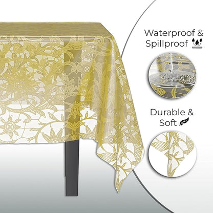 Exquisite Lace Table Cloth Rectangle Table Plastic 12-Pack Lace Tablecloth Rectangular 54" X 108" | Clear & Gold Floral Tablecloth Disposable | Wild Flower Party Decorations & Party Supplies