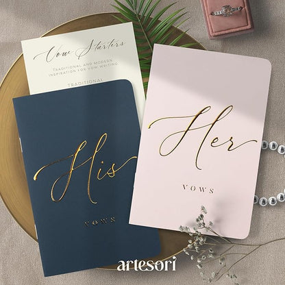 ARTESORI Wedding Vow Book for Her & Him, Soft Touch, Gold Engraving, 28 Lined Pages, Wedding Vow Books His and Hers, Wedding Essentials, Wedding Registry Gifts, His and Hers Gifts [Blush & Navy]