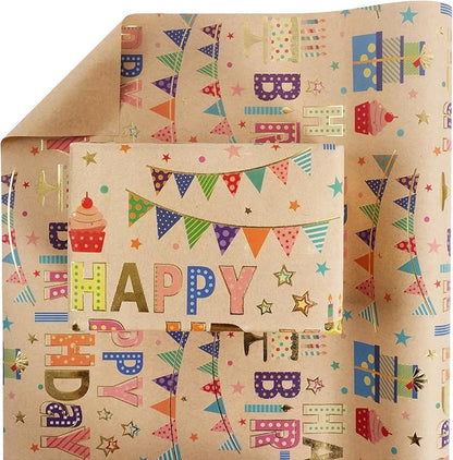 Aimyoo Colorful Birthday Wrapping Paper Roll - 17 Inch X 16.4 Feet - Gold Foil Happy Birthday Lettering, Cupcake & Flags Design Gift Wrap for Kids, Baby Showers